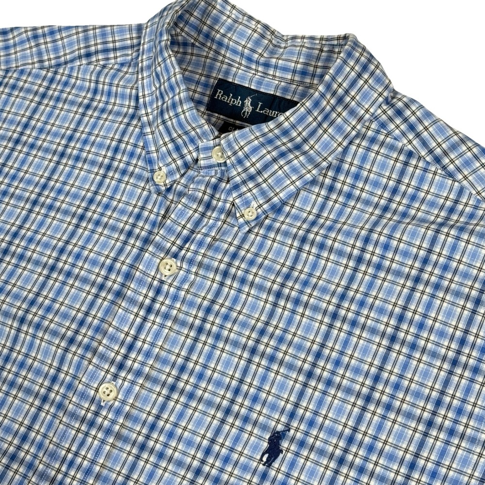 Ralph Lauren XL Blue Plaid Classic Fit Short Sleeve Cotton Button Down Shirt